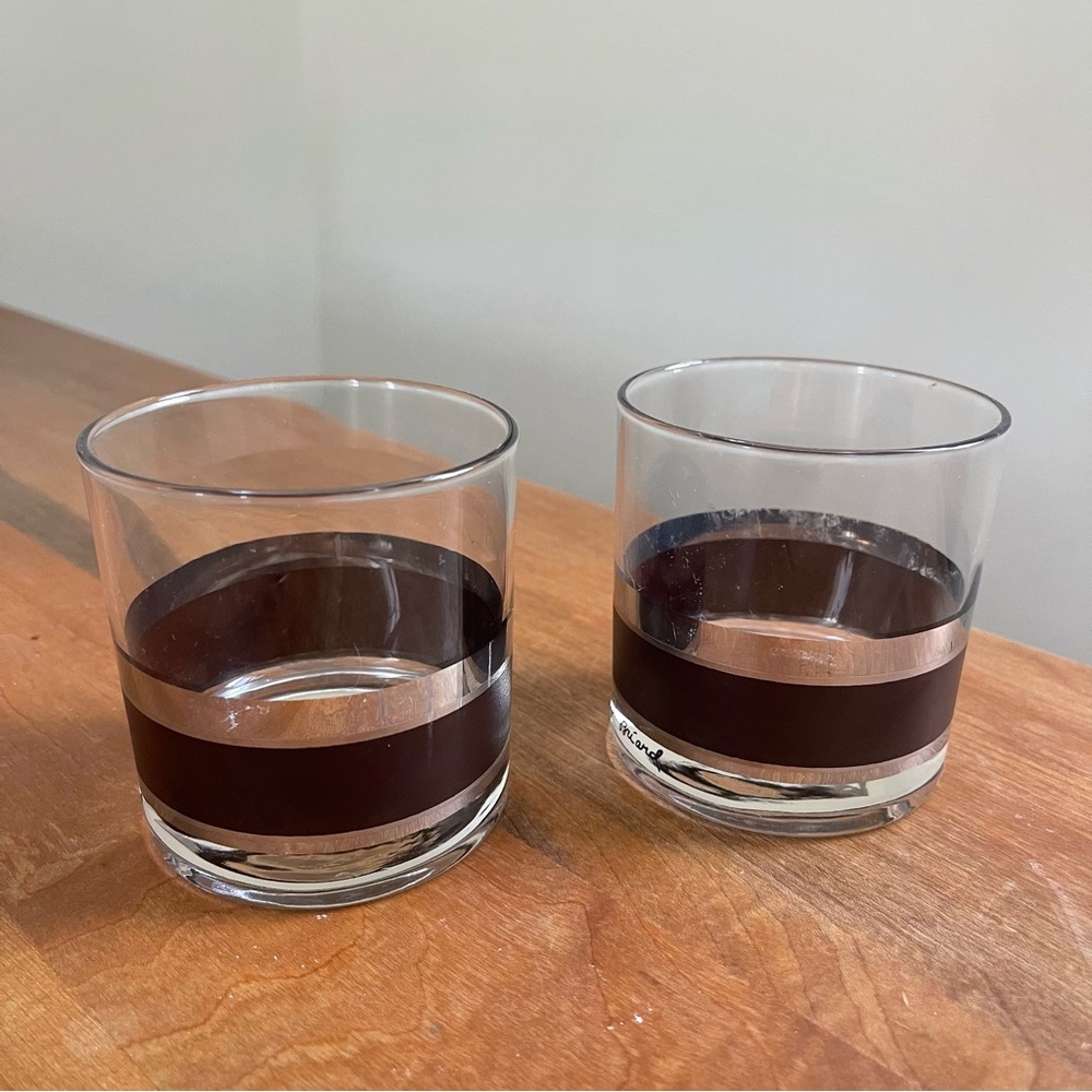 Two Vintage Georges Briard MCM Double Rocks Lowball Glasses Black Silver Band